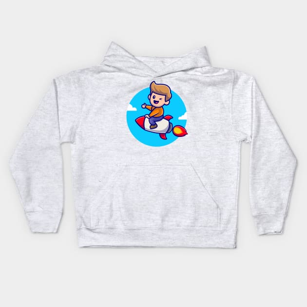 Cute Boy Riding Rocket Cartoon Illustration Kids Hoodie by Catalyst Labs